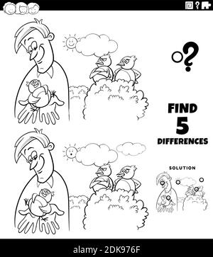 Black and white cartoon illustration of finding the differences between pictures educational game for children with a bird in the hand is worth two in Stock Vector