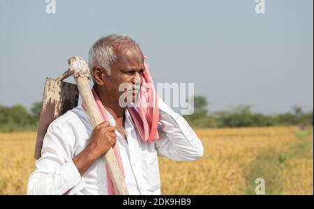 Indian farmer with hand hoe on his shoulder holding towel to his face due to high temperature while working on agriculture land Stock Photo