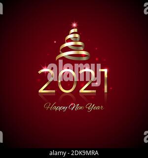 New Year 2021. Shiny golden 2021 with ribbon on red background. New Year design for invitation, greeting card, calendar. Party event decoration. Shiny Stock Vector