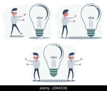 Cartoon blind businessmen can not find a light bulb. Businessman is trying to catch a light bulb. Search for ideas. Vector flat illustration. Stock Vector