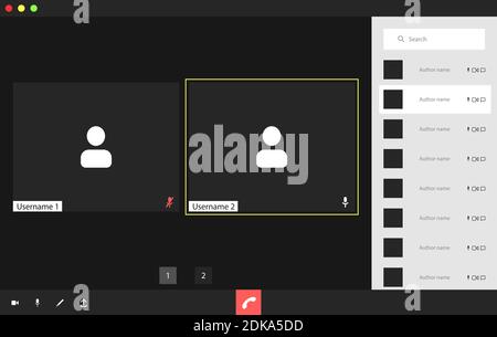 Video conference user interface with a list of users, video conference calls window overlay. Two Users. Stock Vector