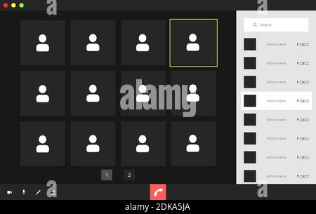 Video conference user interface with a list of users, video conference calls window overlay. Twelve Users. Stock Vector