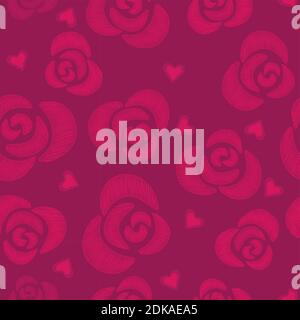 Rose and hearts. Valentines Day. Embroidery flower, hearts. Seamless patter Stock Vector