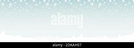 eps vector file showing a seamless christmas panorama header with fall of snow and silhouette of forest trees, background colored light blue Stock Vector