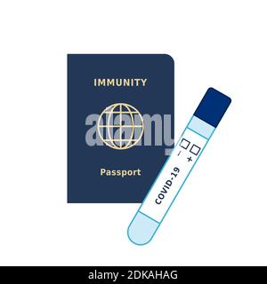 Immunity passport and coronavirus test tube. COVID-19 testing on national borders. A proof that a person is not infected. PCR test and passport Stock Vector