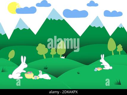 Green spring sunny lawns with bunnies, eggs, trees and mountain. Greeting card, background made in vector. Stock Vector