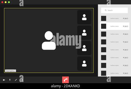 Video conference user interface with a list of users, video conference calls window overlay. Five Users. Stock Vector