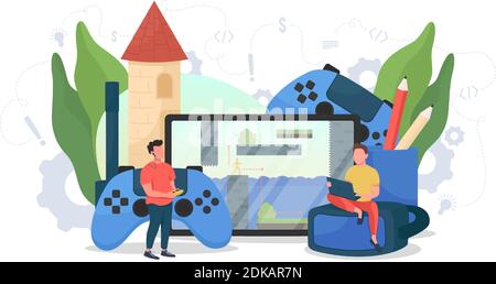 Dame designer flat concept vector illustration. Coding and programming. Professional play testing. Video game developer team 2D cartoon characters for Stock Vector