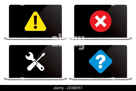 Set of vector laptops with warning signs. Notebooks showing different error icons, isolated on a white background. Stock Vector