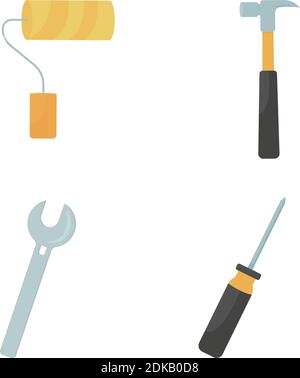 Home repairment tools flat color vector object set. Screwdriver and hammer. Builder instrument. House renovation isolated cartoon illustration for web Stock Vector