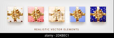 Collection of gift presents with golden foil bow. Set of 3d realistic gift boxes with pattern white, pink, beige, blue colors. Stock Vector