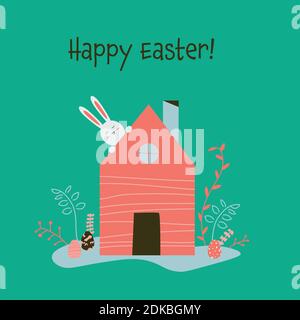 Easter at home concept during lockdown, cartoon flat design style Stock Vector