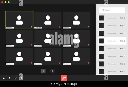 Video conference user interface with a list of users, video conference calls window overlay. Nine Users. Stock Vector