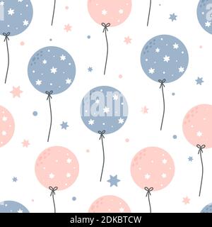 Cute childish seamless pattern with blue and pink balloons isolated on white background. Hand drawn Scandinavian style vector illustration. Stock Vector