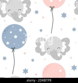Cute childish elephant seamless pattern with balloons. Hand drawn Scandinavian style vector illustration. Stock Vector