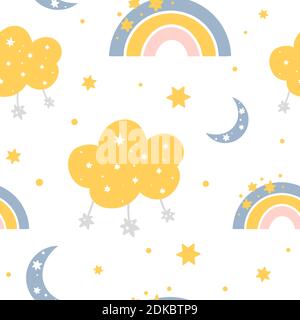 Cute childish seamless pattern with rainbows, clouds, stars, moon and abstract dots. Hand drawn Scandinavian style vector illustration. Stock Vector