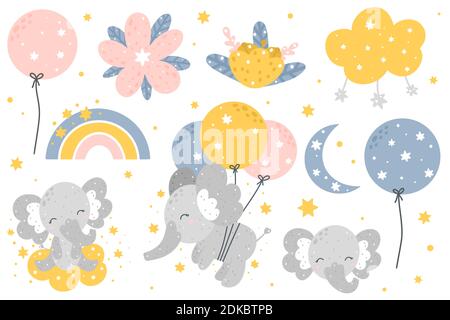 Cute nursery collection with baby elephant, sky elements and flowers. Hand drawn Scandinavian style vector illustration. Stock Vector
