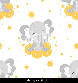 Cute childish seamless pattern with baby elephant sitting on a cloud with stars and abstract dots around. Hand drawn Scandinavian style vector illustr Stock Vector