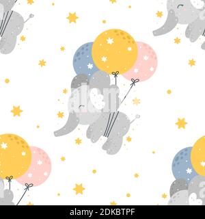 Cute childish seamless pattern with flying elephants with balloons, stars and abstract dots isolated on white background. Hand drawn Scandinavian styl Stock Vector