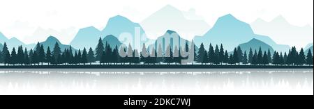 Realistic mountain panorama with dense forest - Vector illustration Stock Vector