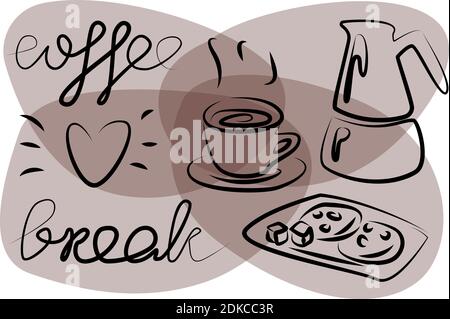coffee break words outline sketch heart mug sugar cookies coffeemaker Stock Vector