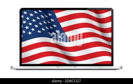 Realistic vector laptop with USA flag wallpaper, isolated on the white background. Stock Vector