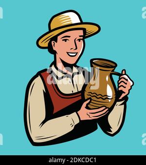 Beautiful woman holding a clay jug. Drink concept vector Stock Vector