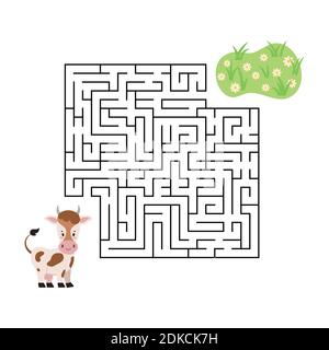 Maze game cow find grass in labyrinth isolated on white background. Stock Vector