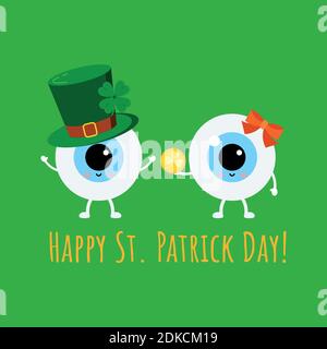 St Patrick cute eyes in leprechaun hat and in glasses with gold coin. Stock Vector