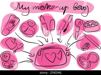 my make-up bag outline sketch decorative cosmetics cream perfume lipstick mascara blush eyeliner nail pilish shadows pencil sharpener powder Stock Vector