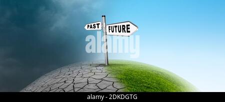 Signpost on a globe in climate change, future and past Stock Photo