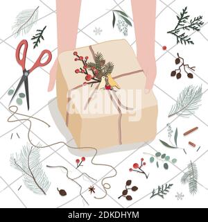 Human hands decorating gift box or parcel wrapped into brown mail paper with fir brunch and birds couple badge. Vector illustration for Christmas, hol Stock Vector