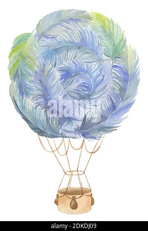 Pink Elephant Ribbon Floral Hot Air Balloon Watercolor Set. Drawing airship with white ...