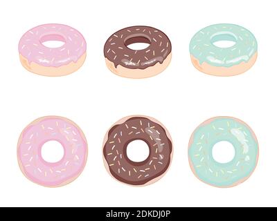 Donut vector set on a white background. Donuts set with mint, creamy, pink and blue glaze. Donats colorful icon set. Donuts into the glaze collection. Stock Vector