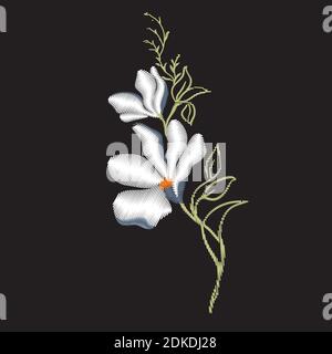 Embroidery floral with magnolia on black background. Vector fashion ornament Stock Vector