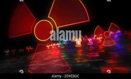 Nuclear warning symbol, radioactive danger neon sign and atomic energy icon concept. Futuristic abstract 3d rendering illustration. Stock Photo