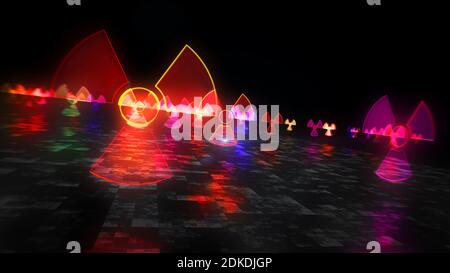 Nuclear warning symbol, radioactive danger neon sign and atomic energy icon concept. Futuristic abstract 3d rendering illustration. Stock Photo