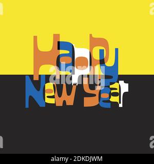 Mid-century modern, retro and fun Happy New Year typography in pop art colors orange, yellow, white, blue and black. Ideal for social card. Stock Vector
