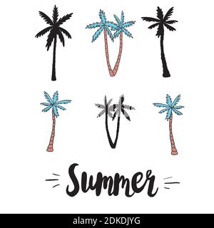 Set of palm tree icons black silhouettes isolated tropical palm. Stock Vector
