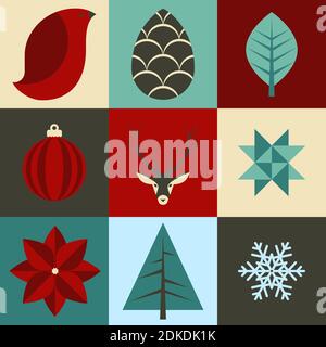 Christmas or winter holiday icon set in green, red, cream and ice blue palette. Features red bird (partridge) pine cone, leaf, ornament, reindeer, fro Stock Vector