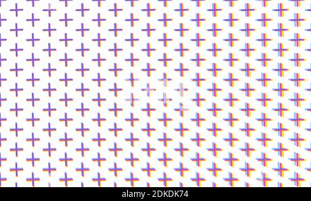 Blue, pink and yellow cross hatch or plus signs, offset CYMK registration marks. Illusion of blur or out of focus. Abstract and geometric, modern and Stock Vector