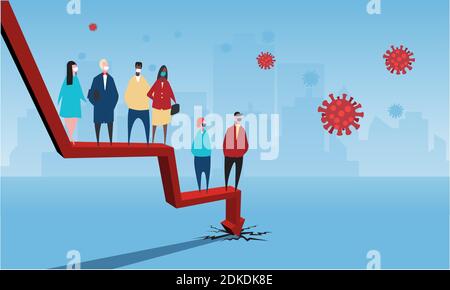 Unemployment and financial crisis from 2019-NCOV. Workers standing on the ledge of economic collapse with a cityscape background. Stock Vector