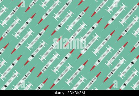 Repeating seamless syringe pattern on green background Stock Vector