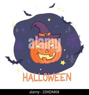 Cartoon halloween pumpkin wearing witch hat isolated Stock Vector