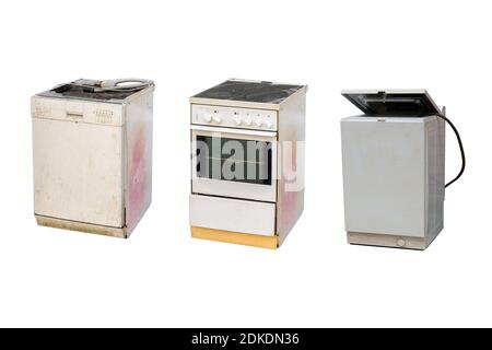 Old electrical appliances e-waste isolated on white background Stock Photo