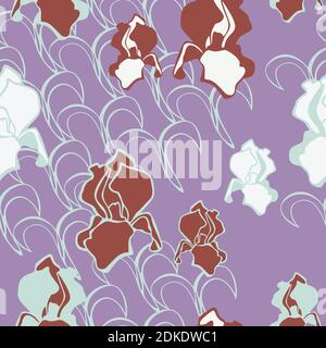 Vector seamless pattern with iris flowers on violet background. Abstract flowers wallpaper or textile design. Stock Vector