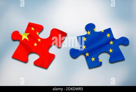 Two puzzle pieces with the flags of Europe and the People's Republic of ...