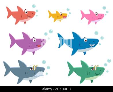 Family shark set of colorful cartoon fish character isolated on white background. Baby, Mama, Papa, Grandma, Grandpa and Sister Shark. Stock Vector