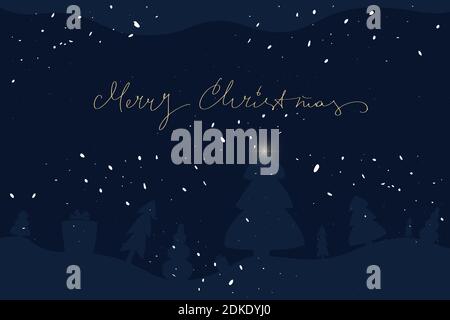 Merry Christmas and Happy New Year greeting card. Magic night forest with star lights. Stock Vector