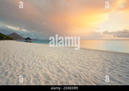 Panoramic footbridge over the indian ocean, Amazing flic en Flac beach at sunset,Mauritus island,Africa. Stock Photo